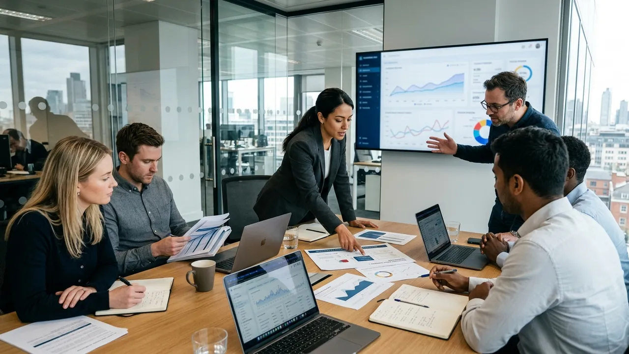 SEO team comparing content drafts and analytics dashboards during a bright office review meeting