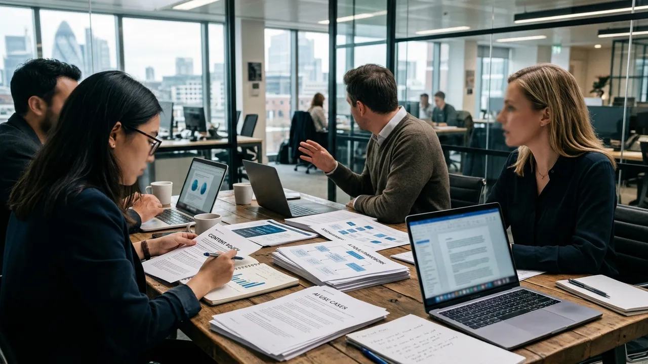 Editors discussing documents and style guidelines around a conference table in a newsroom office