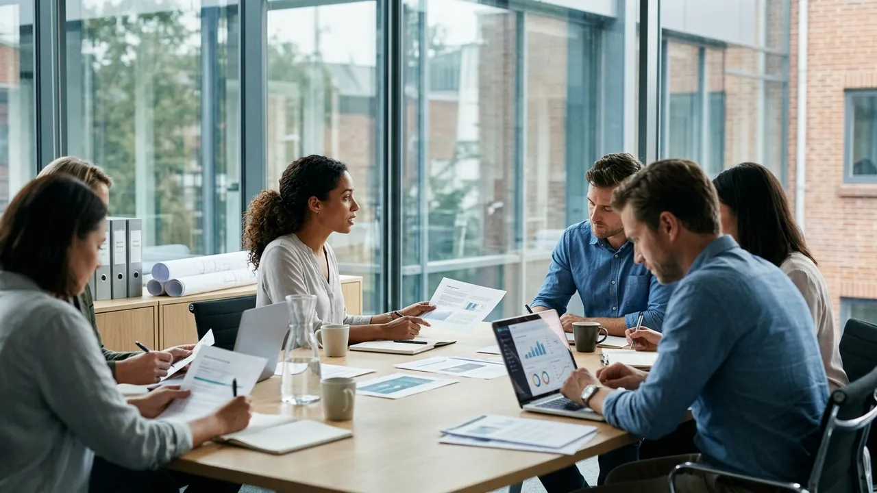 Colleagues discussing a printed policy document beside laptops during a bright office meeting