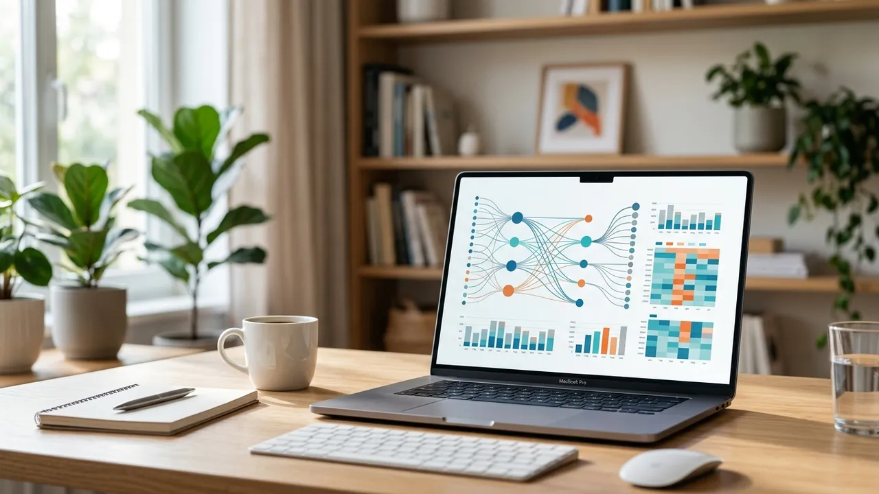 Laptop screen with an abstract percentage-style text analysis visualization on a bright desk
