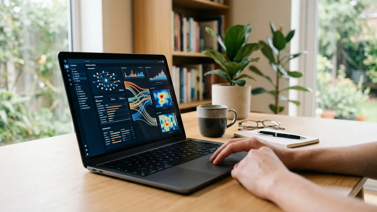 Modern workspace with a laptop showing abstract accuracy charts in soft natural light
