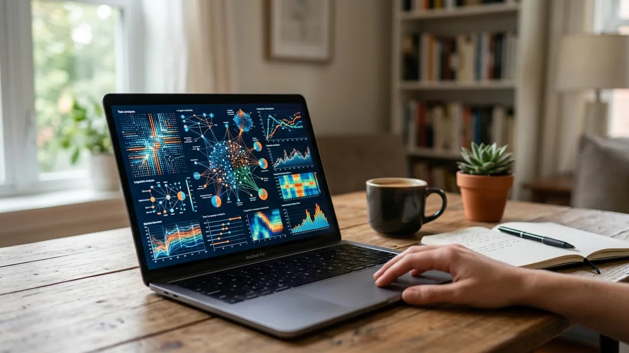 Laptop on a tidy desk with an abstract flagged-text visualization in shallow depth of field