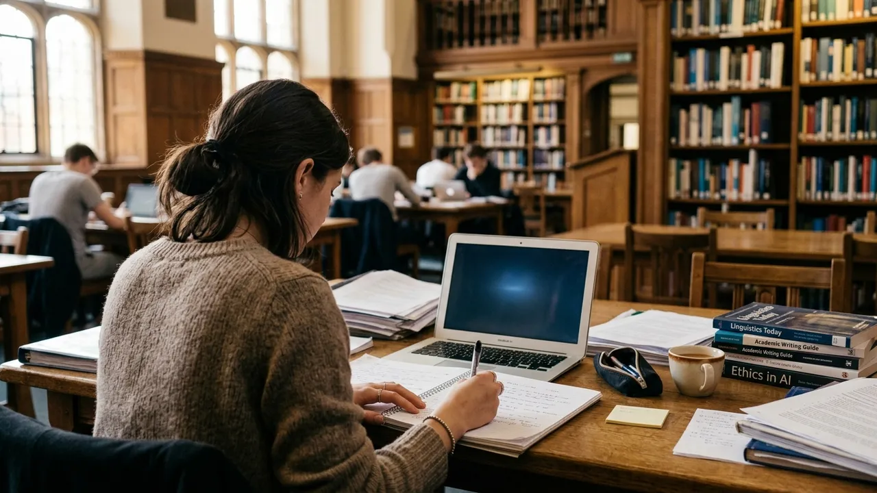 International students studying with laptops at a long table in a university library