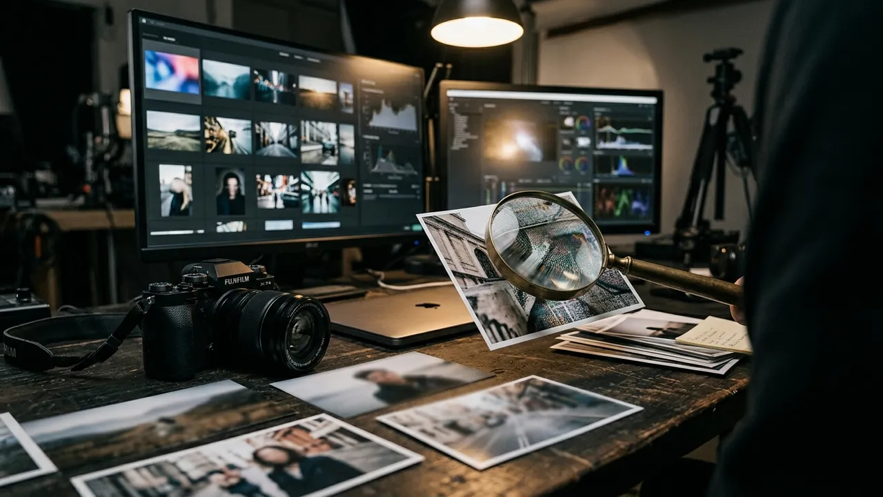 Camera and photo prints beside a laptop under a magnifying glass in studio light