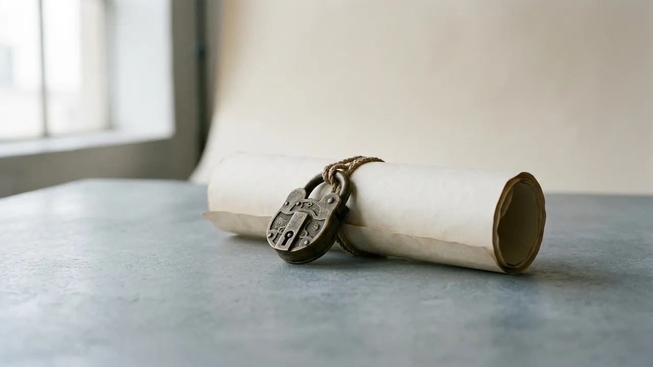A closed brass padlock resting on a stack of white documents against a neutral background