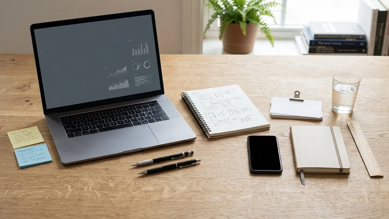 Flat-lay desk with a laptop, printed comparison charts and sticky notes arranged for review