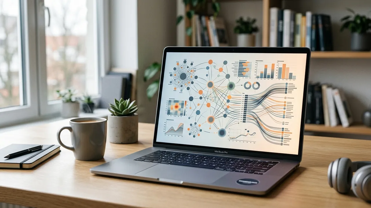 Laptop on a desk showing an abstract right-and-wrong text analysis visualization