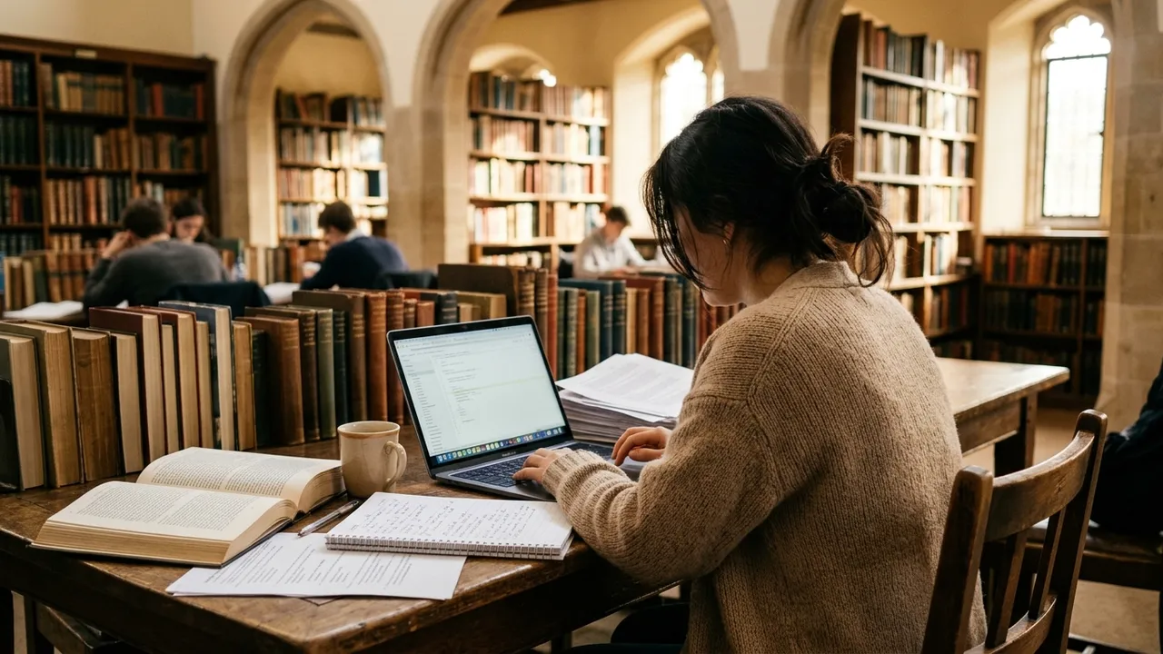A student's desk in a university library with laptop, notebooks and papers under warm light