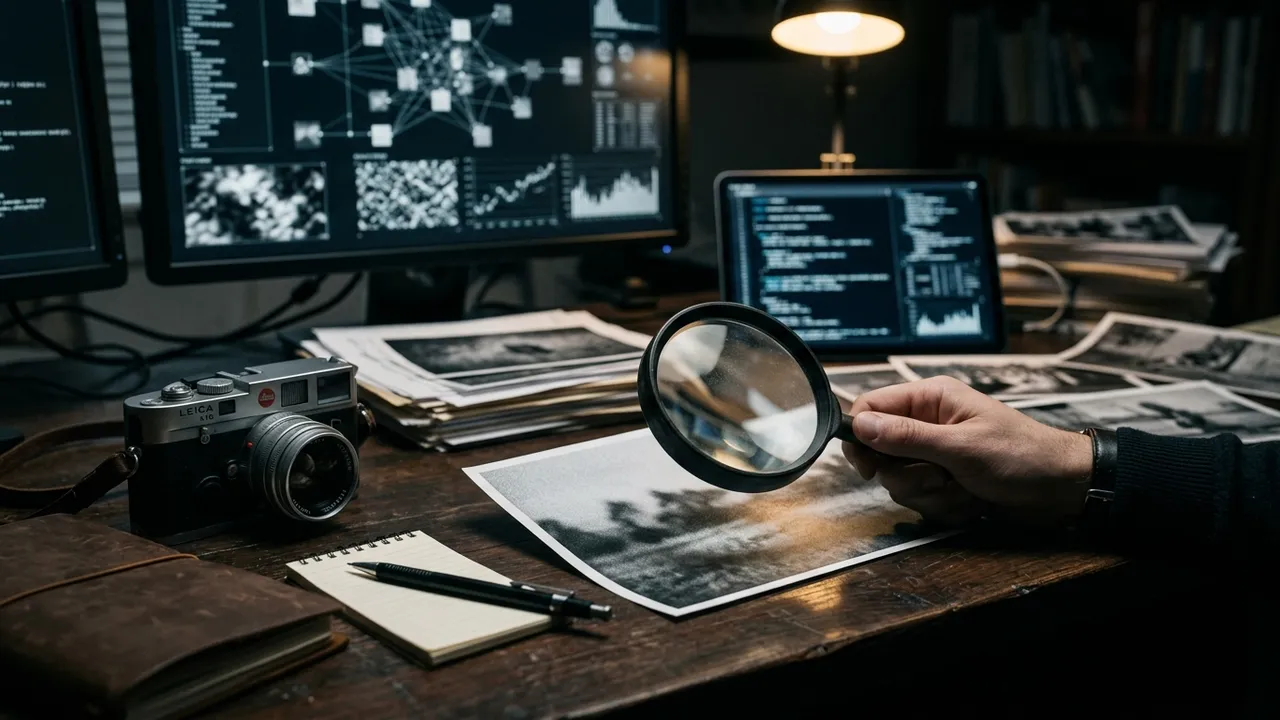Printed photographs spread on a desk beside a laptop and magnifying glass at night