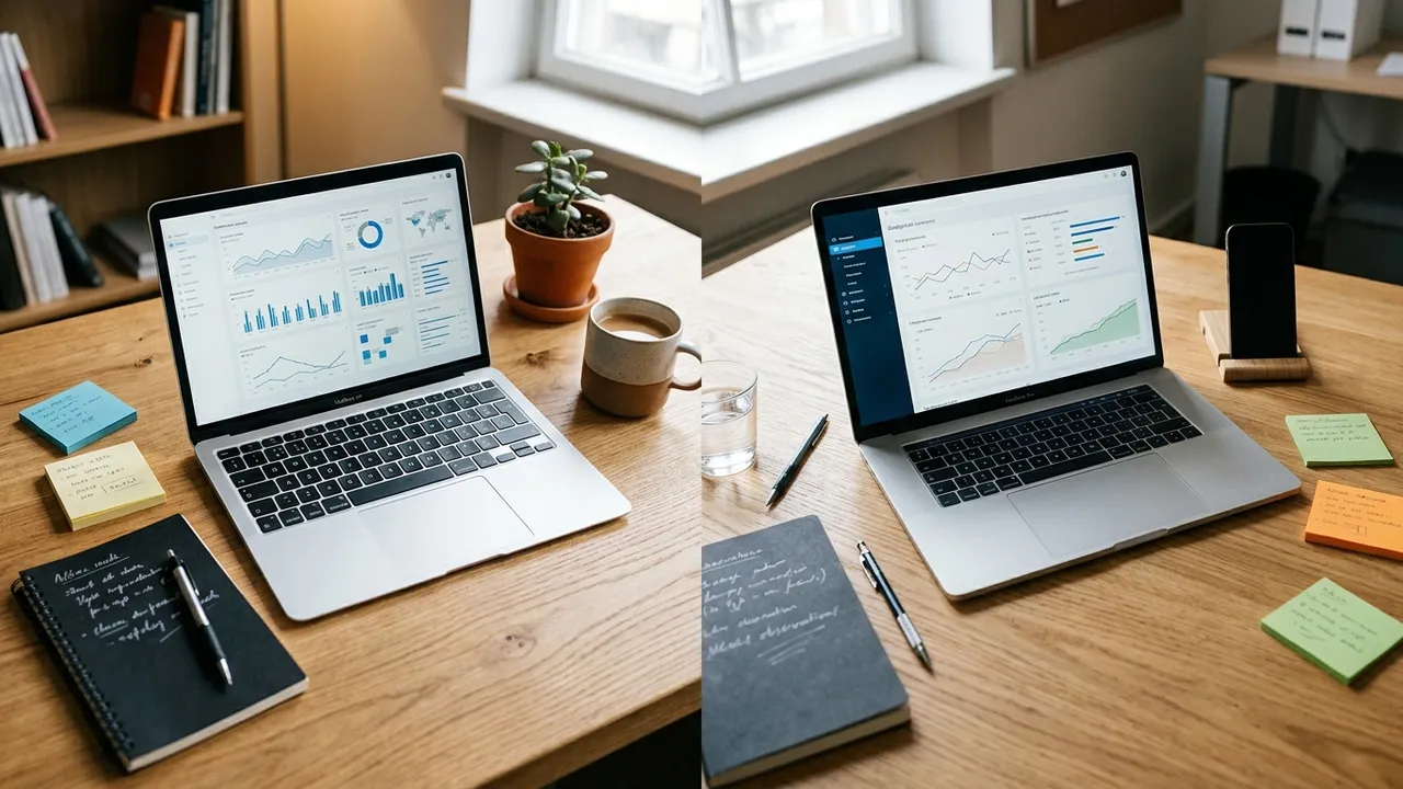Split desk scene comparing two workflows with laptop, charts and scanned paper documents