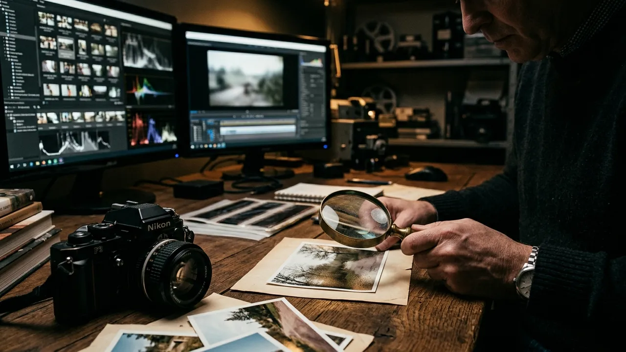 Film strip and paused playback monitor in a dark editing suite with moody light