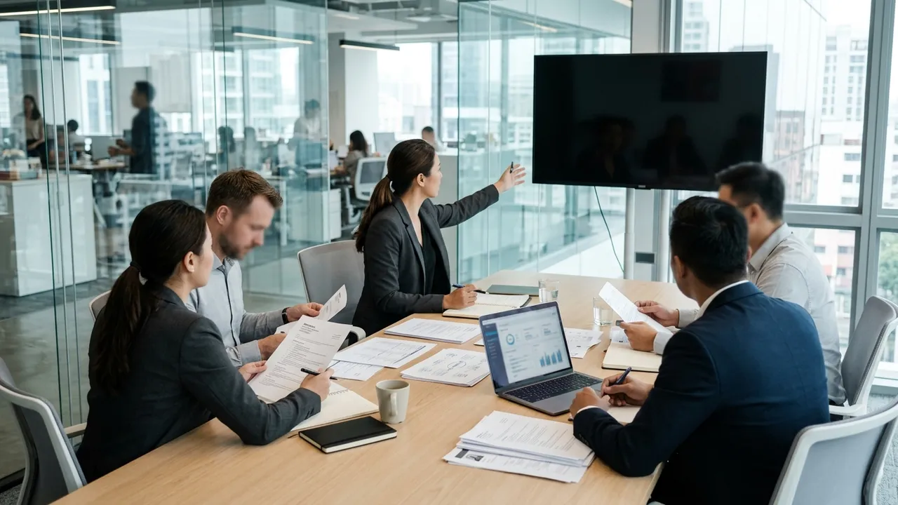 Recruiter reviewing a stack of printed resumes beside a laptop in a bright office