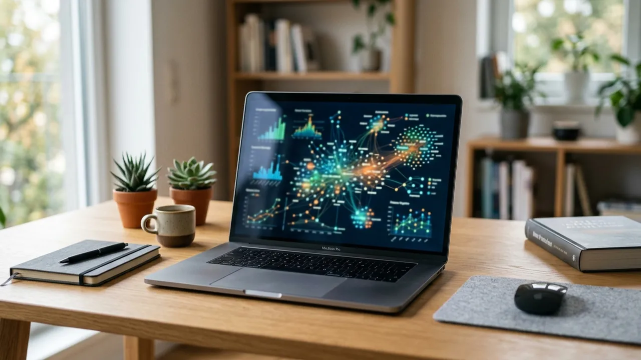 Modern desk with a laptop showing an abstract rewritten-text pattern visualization in soft daylight