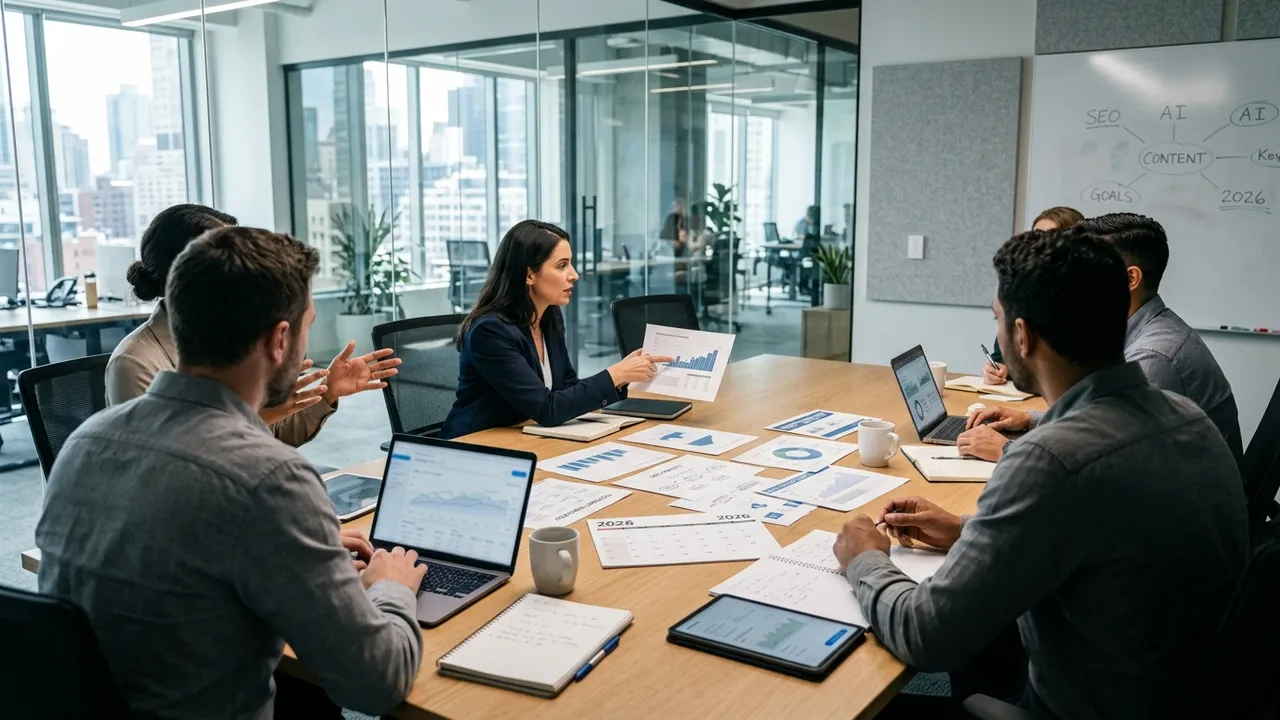 Marketing team reviewing search analytics dashboards around a laptop in a bright glass office
