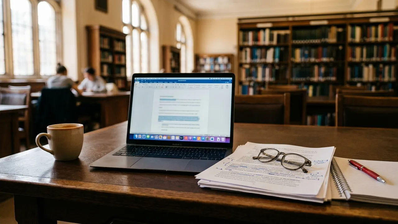 A laptop and marked-up essay draft on a student desk beside a coffee cup