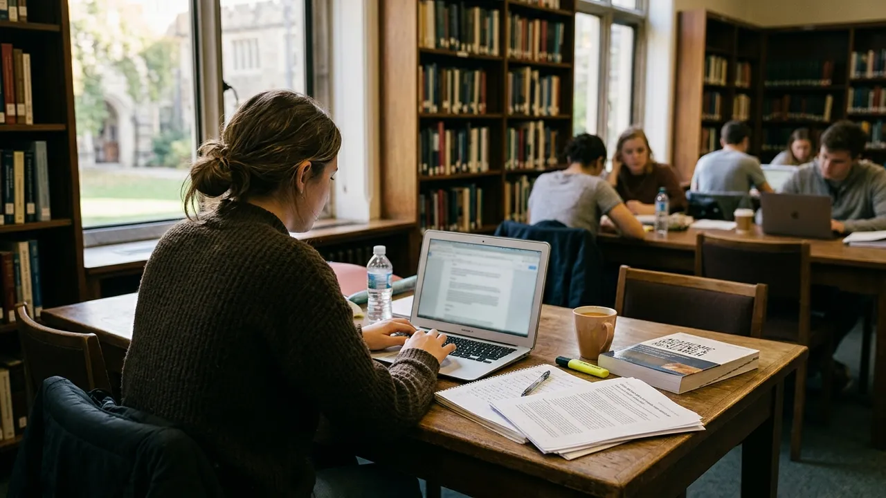 Stack of graded student papers beside a laptop in a warm-lit university office