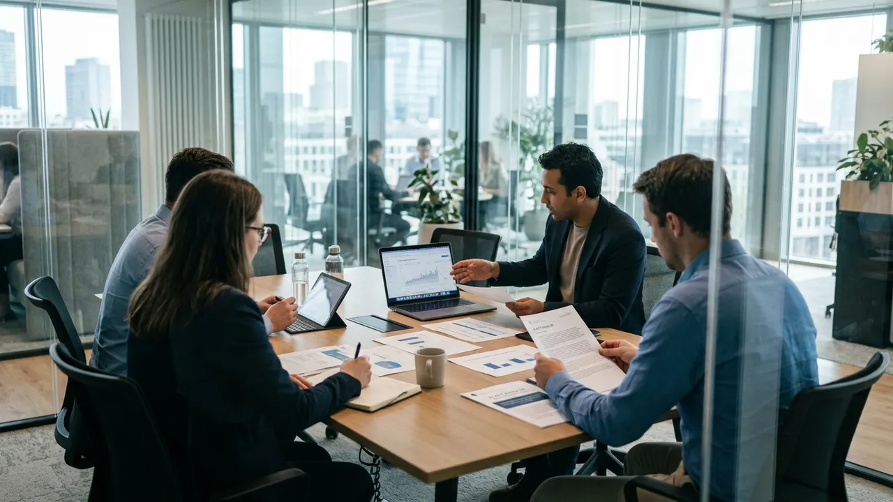 Compliance team reviewing regulatory documents and laptop dashboards in a modern glass office
