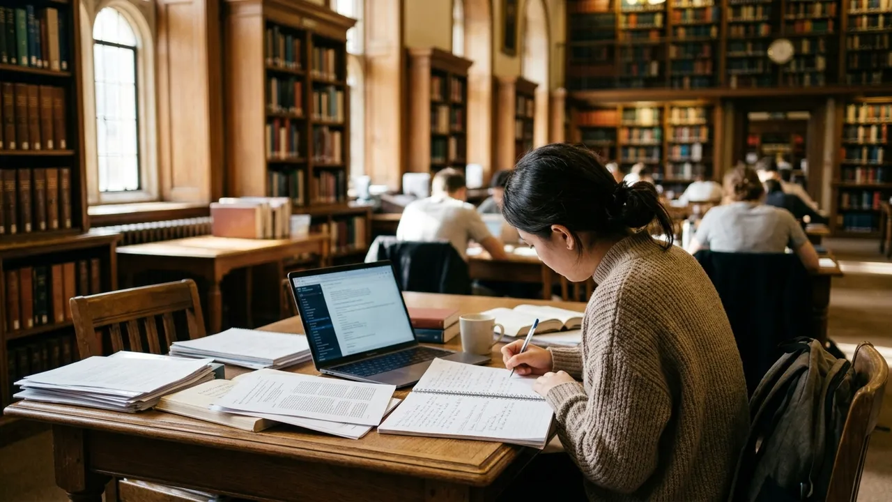 Student reviewing printed essay drafts and handwritten notes at a desk in warm library light