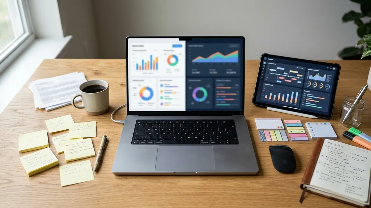Desk with laptop showing charts, a calculator and two stacks of printed pricing sheets