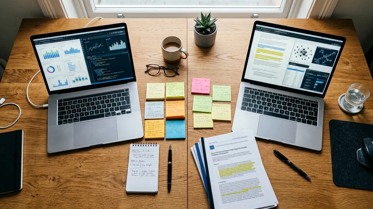 Two laptops facing each other on a desk with printed charts between them