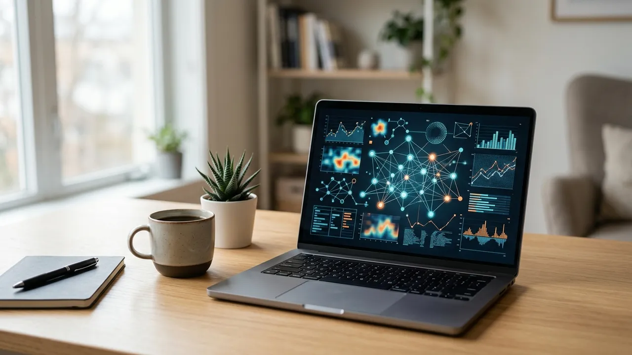 Laptop on a modern desk displaying an abstract text analysis visualization in soft light