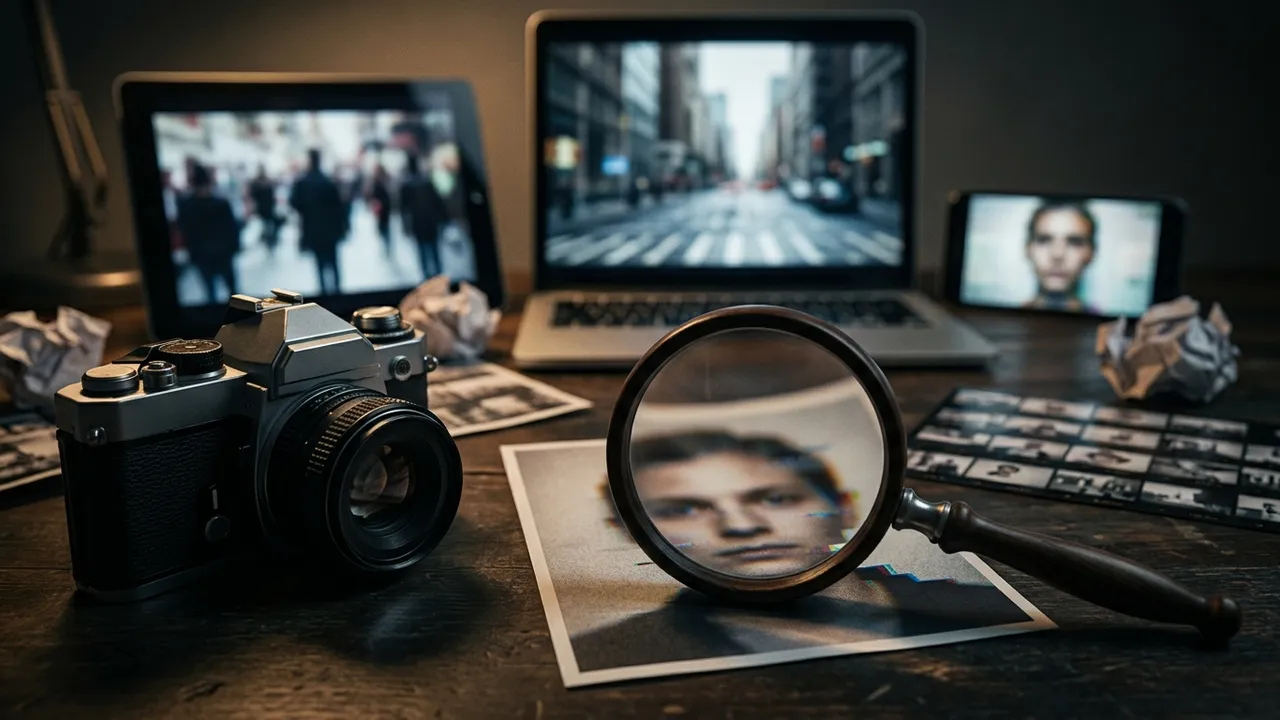 Video editing screen and camera in a dim studio, frame paused on a blurred face