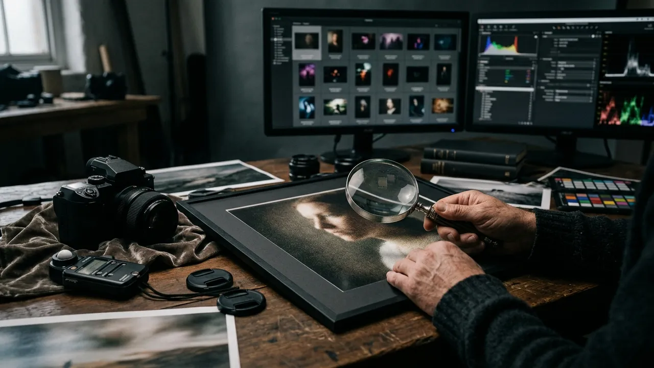 Magnifying glass held over a printed photograph on a desk in moody studio light