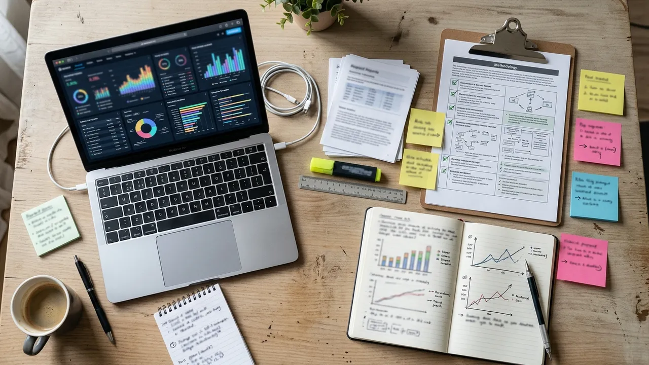 Orderly desk with laptop, annotated printouts and sticky notes arranged like a test plan