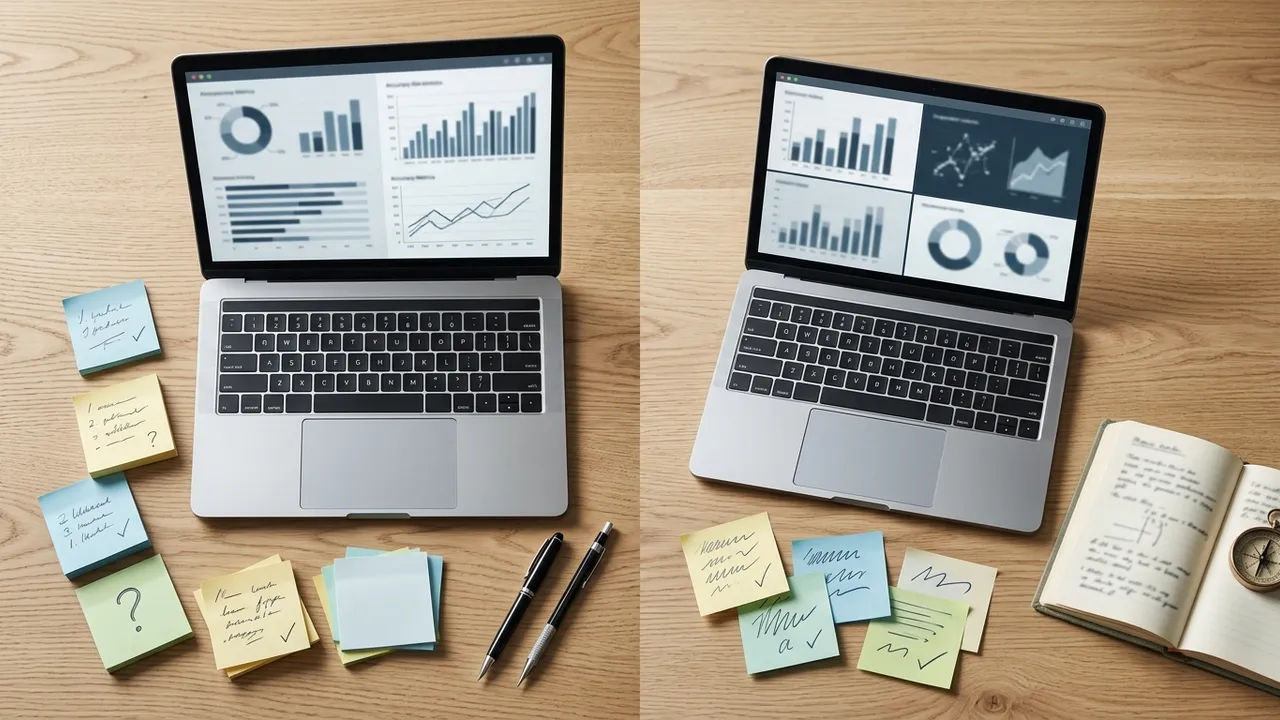 Magnifying glass resting on printed accuracy charts beside a laptop on a neutral desk