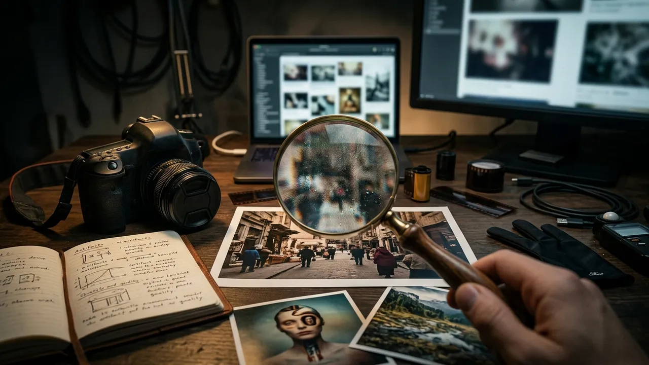 Two photographic prints side by side under a loupe on a dark studio table