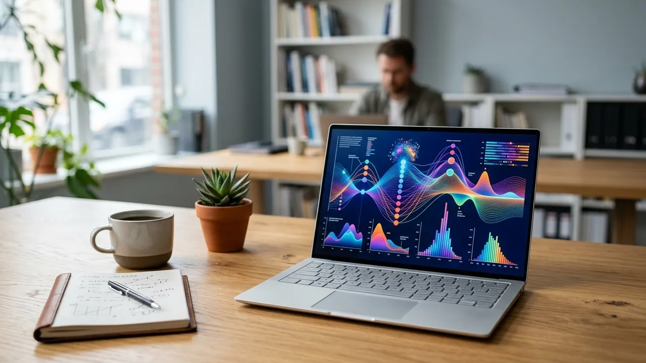 Workspace laptop displaying an abstract waveform-like text pattern visualization in natural light