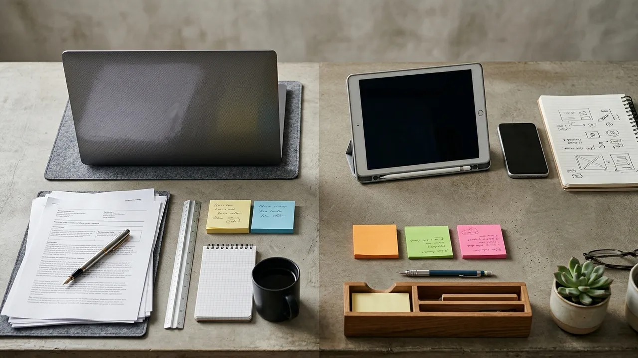 Student desk with laptop and printed essay pages beside institutional binders and charts
