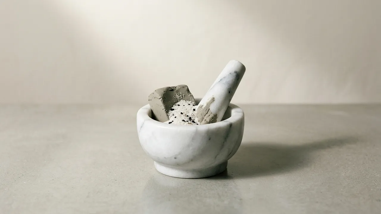 A white theater mask beside a fountain pen on a seamless gray studio backdrop