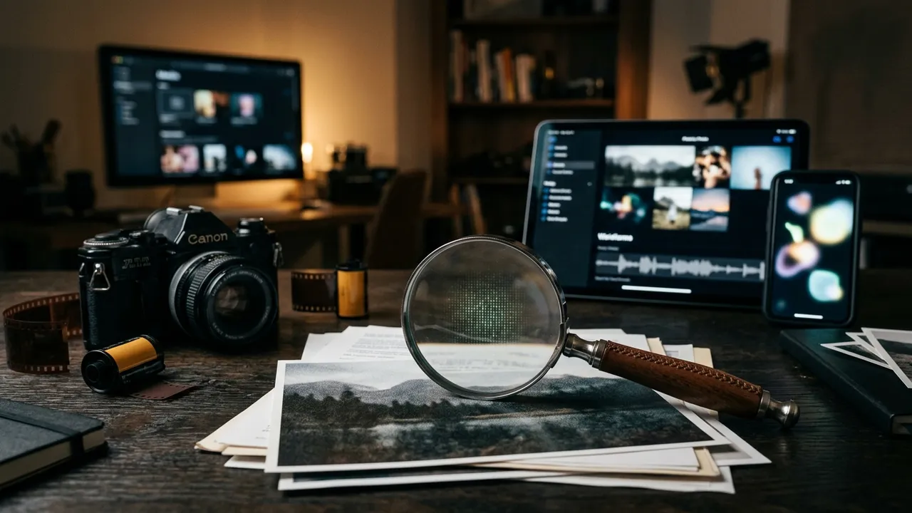Photograph with an attached paper tag resting beside a camera in moody studio light